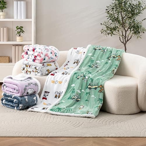 Berkshire Blanket Peanuts® Sherpa Blanket, 480gsm Warm Reversible Heavy Thick Blanket for Couch, Bed & Travel (Snoopy's Beachy Roadtrip Large Sage, King Size 90" x 108") thumbnail 6
