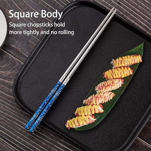 Titanium Plated Chopstick Stainless Steel Chopsticks Metal Chopsticks Reusable Dishwasher safe Premium Laser Engraved Chop Sticks for Eating 2 Pairs Gift Set Blue Silver thumbnail 4