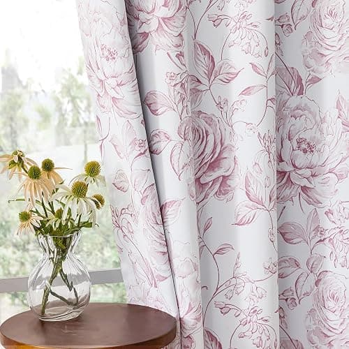 Beauoop Floral 100% Blackout Curtains 84 Inches Long 2 Panels for Bedroom Living Room Pink White Farmhouse Dusty Rose Flower Patterned Room Darkening Thermal Grommet Window Treatments Drapes, 50X84 thumbnail 7
