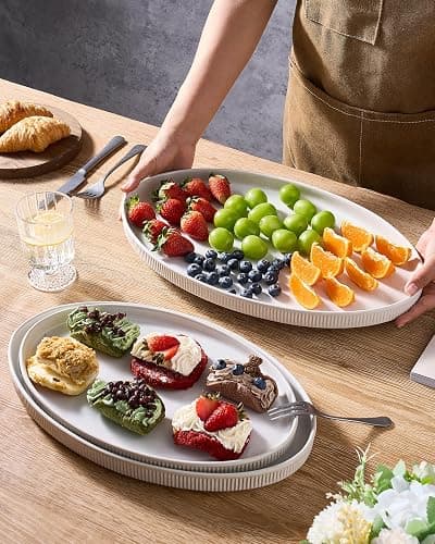famiware Large Serving Platters Set of 3 Sizes - Oval, Matte White | 16"/14"/12" Fine Stoneware Serving Trays for Party, Entertaining for Food, Turkey, Appetizer, Microwave Dishwasher Safe thumbnail 2