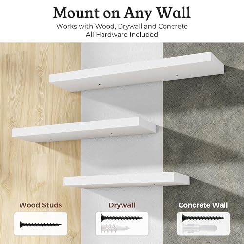 Ornawit 24" White Floating Shelves Wood Wall Shelf, White Color, Set of 2 | Wall Mounted Wood Shelves, For Bathroom, Bedroom, Living Room, Kitchen, Hanging Shelf for Books/Storage/Room Décor thumbnail 7