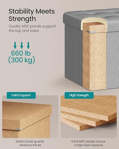 SONGMICS MAZIE Collection - 43 Inches Folding Storage Ottoman Bench, Ottoman Foot Rest, End of Bed Bench, Storage Chest, Load 660 lb, for Living Room, Bedroom, Entryway, Light Gray ULSF77G thumbnail 5