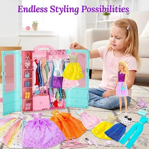 Style Shine 70 Pcs Doll Closet with Clothes & Accessories Including 2 Wedding Gowns 6 Fashion Dresses 2 Casual Outfits 2 Swimsuit 10 Shoes 20 Hangers 27 Accessories,Dress up Toys for Girls Kids Gifts thumbnail 6