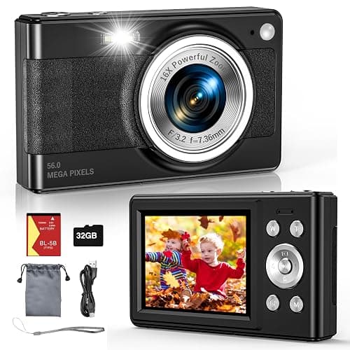 2025 New Digital Camera, 56MP FHD 1080P for Kids with 16x Digital Zoom Anti Shake, Face Detect, Smile Capture, 32GB TF Card, Battery, Lanyard, a Great Gift for Boys & Girls（Black） - Image 1