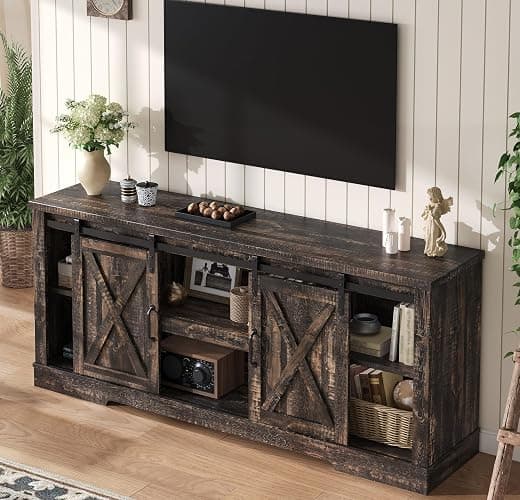 AMERLIFE 66" Farmhouse TV Stand for 75 Inches TVs, Entertainment Center with Sliding Barn Door and Adjustable Shelf & Feet, Console Table with Storage, Dark Rustic Oak thumbnail 8