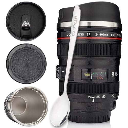 STRATA CUPS Camera Lens Coffee Mug -13.5oz | (2 LIDS + SPOON + BAG) Gift for Him, Dad Gifts, Photography, Camera accessories, Novelty Gifts - Image 1