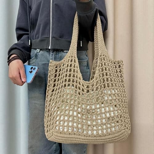 SUOSDEY Crochet Mesh Beach Tote Bag, Knit Summer Vacation Aesthetic Boho Tote Bag for Women thumbnail 2