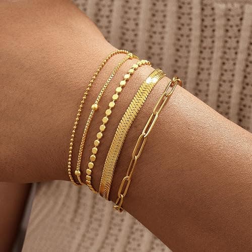 Striviio Gold Bracelets for Women, 14K Gold Plated Stackable Bracelet Stack Set Adjustable Charm Paperclip Chain Snake Link Layered Waterproof Jewelry Sets Gifts thumbnail 3