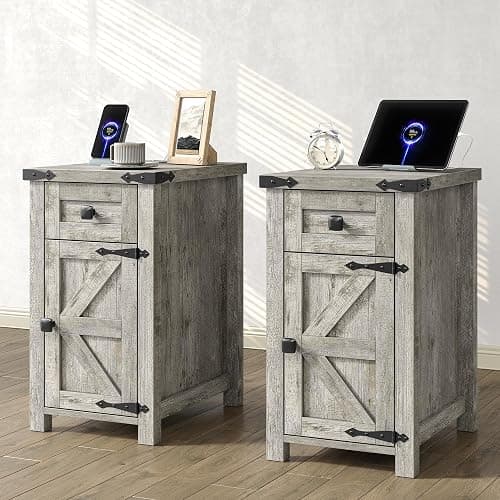 Furnihold Farmhouse Nightstand Set of 2, 13.8''W Rustic Wood End Table with Charging Station, Narrow Side Table with Storage Drawer for Living Room Bedroom, Oak Grey - Image 1