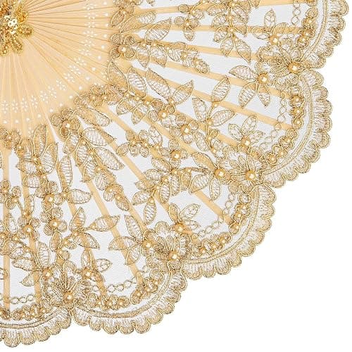BABEYOND Lace Hand Fan Non-Foldable Vintage Bridal Handheld Fans with Rhinestone and Embroidered for Wedding Decoration Dancing Party (C-gold) thumbnail 5