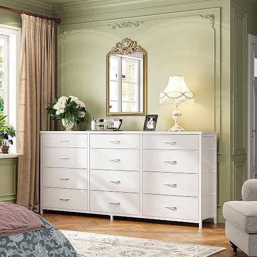 Romorgniz 55" Long Dresser for Bedroom with 12 Fabric Drawers, Entertainment Center for 60 inch TV Dressers & Chests of Drawers Large Organizer, Living Room, Metal Frame, Wood Top, White thumbnail 8