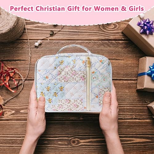 CasaRovela Bible Cover for Women, Large Quilted Case with Handle, Durable Bag and Carrying Case for Girls, Study Supplies Accessories, Christian Gift for Women (Spliced Flower, Spliced Flower) thumbnail 6