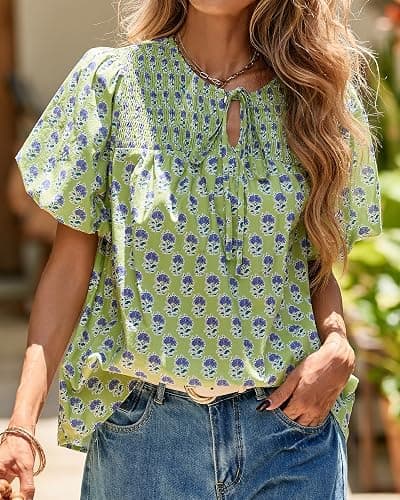 KIRUNDO Boho Tops for Women Summer 2026 Dressy Floral Blouse V Neck Drawstring Short Sleeve Shirts Beach Vacation Clothes thumbnail 2