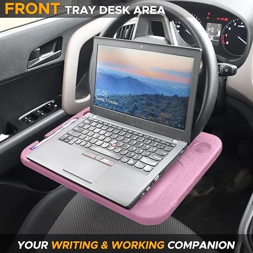 EcoNour 2 in 1 Car Steering Wheel Desk | Steering Wheel Tray for Laptop and Food | Pink Table Tray for Eating with Drinks Holder | Car Accessories thumbnail 3