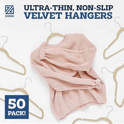 Zober Velvet Hangers 50 Pack - Ivory for Coats, Pants & Dress Clothes - Non Slip w/ 360 Degree Swivel, Holds up to 10 lbs - Strong Felt Hangers for Clothing thumbnail 9