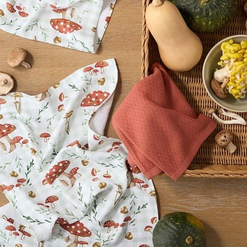 Martha Stewart Autumn Harvest Mushroom Plaid Kitchen Towel 3-Pack Set, 100% Cotton with Absorbent Terrycloth, Decorative Kitchen Towels, Burnt Orange/Green/White, 16"x28" thumbnail 2