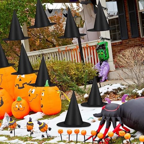 12 PCS Halloween Witch Hats, Black Hanging Witch Hats Porch Yard Decor | Witch Costume Accessories Witches Hat with 328 FT Nylon Cord Wizard Hats Indoor Outdoor Halloween Decorations thumbnail 4