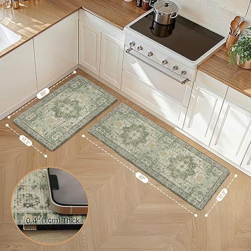 GENIMO Kitchen Mats for Floor 2PCs, Washable Anti Fatigue Mat for Cushioned, 17.3"x47"+17.3"x30", Waterproof Kitchen Rugs, Non Slip Comfort Standing Mat Rug for Home, Sink, Laundry, Light Green thumbnail 2