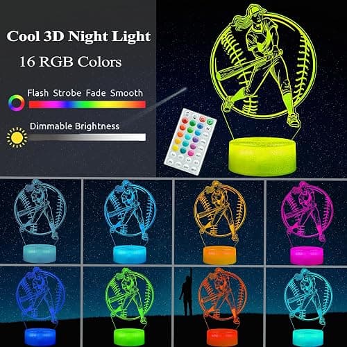 POSSHE Softball Night Light, Softball Gifts for Girls, 3D Illusion Lamp with Remote Control, 16 Colors Changing, RGB Flashing Mode and Dimmable, Softball Accessory Gifts for Girls Christmas Decor thumbnail 2