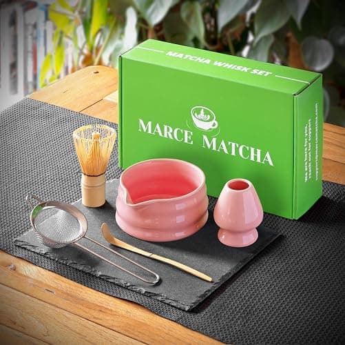 Marce Matcha Whisk Set- Matcha Set includes Matcha Whisk and Bowl with Spout, Sifter, Holder and Scoop- The Perfect Bamboo Whisk for Matcha Tea (Pink) thumbnail 3