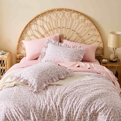 Veniklo Queen Comforter Set 7 Pieces Floral Pink Ruffle Bedding Set | Soft pre-washed fabric, shabby chic ruffle bedding, reinforcing ruffles, all season bed in a bag for bedroom, breathable - Image 1