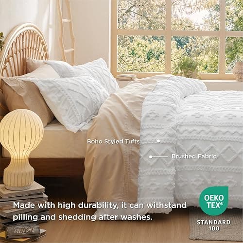 Bedsure Boho Duvet Cover Queen Size, Soft & Comfortable Elegant Design Boho Bedding for Decoration, Machine Washable Comforter Cover for All Seasons,Includes 1 Duvet Cover & 2 Pillow Shams,White thumbnail 4