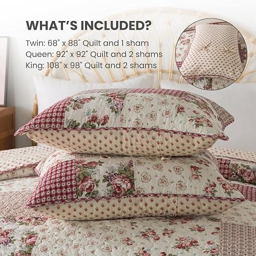 SLPR Country Roses Patchwork Cotton Pieced Quilt Set - Twin Size with 1 Sham, French Country Style Floral Bedding, Red Rose Farmhouse Quilted Bedspread with Flower Pattern thumbnail 6