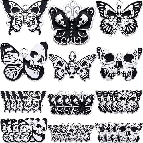Anjulery 24Pcs Silver-Tone Skull Butterfly Enamel Charms Set, Gothic Metal Pendants for DIY Jewelry Making, Halloween Craft Supplies - Image 1