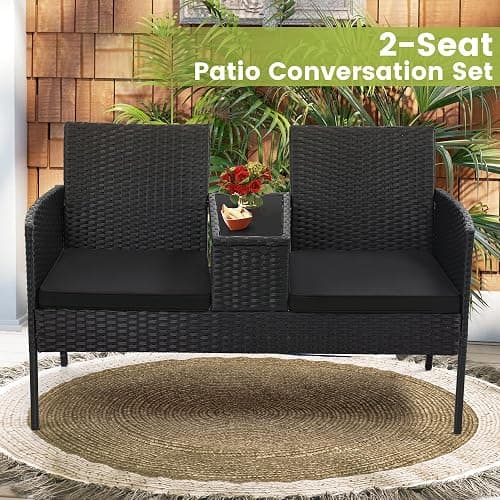 Kromax Wicker 2 Seat Patio Conversation Set, Outdoor Rattan Loveseat with Table, Washable Cushion Covers, Backyard, Garden, Lawn, Black Rattan with Black Cushion - Black Rattan With Black Cushion thumbnail 5
