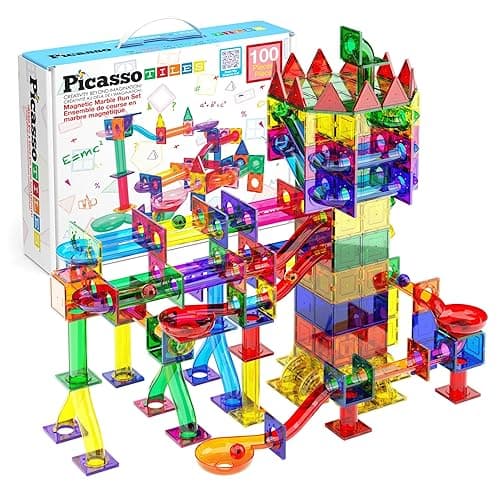 PicassoTiles 100 Piece Marble Run Magnetic Tiles Race Track STEM Ages 3+ | BPA-free ABS plastic, reinforced edges, curved slopes and U-turns, steel balls included, open-ended maze layouts, shared play - Image 1