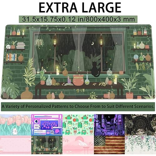 Cute Rainy Night Desk Mat Green Plants Desk Pad, Anime Black Cat Kawaii Large Gaming Mouse Pad, Moonlight Fireflies Deskmat Aesthetic Mousepad XXL, Laptop Keyboard Pad for Women Desk 31.5"x15.75" thumbnail 3