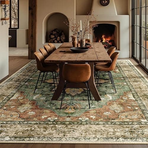 RELEANY Area Rugs 9'x12' Washable Non-Slip, Floral Vintage Distress Print Pattern Medallion Carpet for Living Room Bedroom Dining Room, Brick Red Rust Neutral Brown Burnt Orange Green thumbnail 3