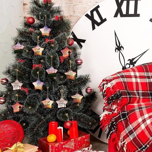 Syhood 24 Pcs Christian Christmas Ornament 12 Styles Bible Verse Christmas Ceramic Ornament Religious Ornaments Star Shaped Hanging Ornaments for Xmas Tree Church Member Gift thumbnail 7