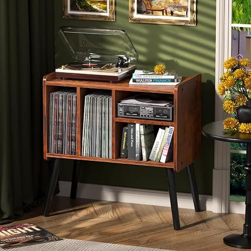 UODERS Record Player Table, Mid-Century Record Player Stand with Vinyl Storage Hold Up to 150+ Albums, Vinyl Record Cabinet with Adjustable Shelves, Wood Turntable Stand for Music Living Room (Brown) thumbnail 7