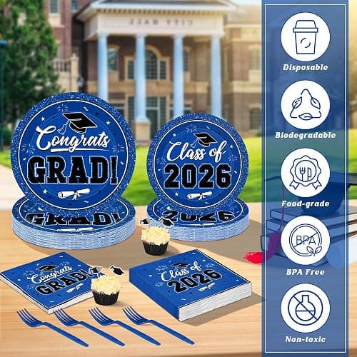 200Pcs Graduation Decorations 2026, Blue Graduation Plates and Napkins Party Supplies for 50 Guests, Disposable Grad Plates, Napkins, Dessert Plates and Forks for Grad Decor Wedding Birthday Supplies thumbnail 5