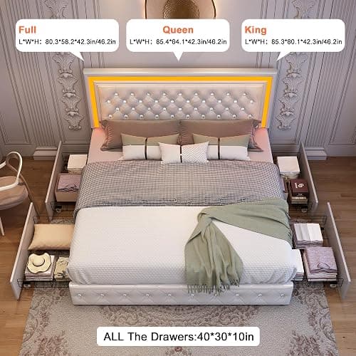 GEGOFORU Queen Led Bed Frame with 4 Storage Drawers, Bed Frame with Led Lights No Box Spring Needed, 900 lbs Capacity, Easy Assembly, PU White thumbnail 3