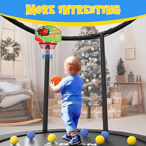 BCAN 60''/55" Mini Trampoline for Ages 1 to 8 Kid, 5FT Toddler Trampoline - Indoor/Outdoor Use with Enclosure Net, Adjustable Gymnastics Bars, Basketball Hoop, Gifts for Boys & Girls - 55IN - 55-BLACK thumbnail 7