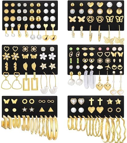 84 Pairs Gold Stud Earrings Set for Women Multipack, Fashion Pearl Cubic Zirconia Butterfly Earrings Packs Piercings, Hypoallergenic Stud Hoops Earrings for Gift - Image 1