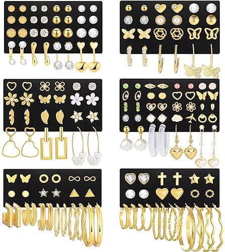 84 Pairs Gold Stud Earrings Set for Women Multipack, Fashion Pearl Cubic Zirconia Butterfly Earrings Packs Piercings, Hypoallergenic Stud Hoops Earrings for Gift - 1-1-1