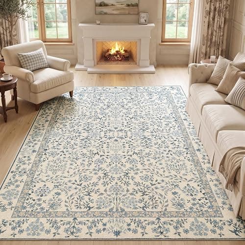 jinchan 8x10 Washable Living Room Area Rug, Vintage Floral, Blue/Cream | Soft Non-Slip Low-Pile, Botanical Aesthetic Throw Carpet for Bedroom Dining Room Nursery - Image 1