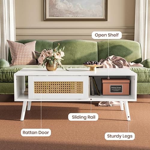 IDEALHOUSE 2 Piece Living Room Set, 62" TV Stand Coffee Table, White | Rattan TV stand and matching coffee table provide concealed storage and display space for an organized living room setup thumbnail 6