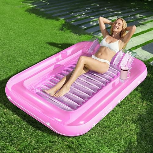 SLOOSH Inflatable Tanning Pool Lounger Float, 70" x 46" Pool Floats Adult with Pillow, 4 in 1 Suntan Tub Raft Floatie,Sunbathing Bed Lounge for Water Blow Up Kids Ball Pit Party Gifts, L-Pink White - Image 1