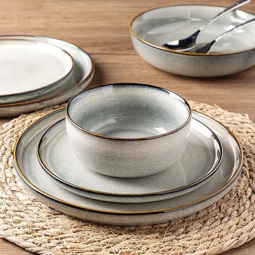 GBHOME Ceramic Dinnerware Sets for 4, 12 Pieces Stoneware Plates and Bowls Sets, Reactive Glaze Dishes -Scratch Resistant, Dishwasher&Microwave Safe, Green Wheat thumbnail 4