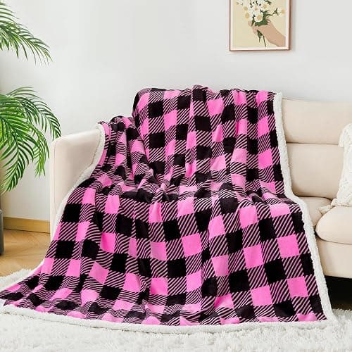 Touchat Sherpa Plaid Twin Blanket 60" X 70", Fuzzy Fluffy Soft Cozy Throw Blanket, Twin Size Plush Fleece Flannel Plush Microfiber Blanket for Couch Bed Sofa (Rosepink) thumbnail 7