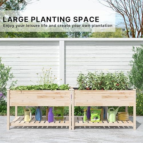Gotland 2pcs Raised Garden Bed with Legs, Raised Beds for Gardening with Storage Shelf Bed Liner Drainage Holes, Wooden Planter Raised Beds, Raised Planter Box Backyard, Patio, Balcony, Natural thumbnail 2