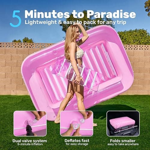 SLOOSH Inflatable Tanning Pool Lounger Float, 70" x 46" Pool Floats Adult with Pillow, 4 in 1 Suntan Tub Raft Floatie,Sunbathing Bed Lounge for Water Blow Up Kids Ball Pit Party Gifts, L-Pink White thumbnail 6