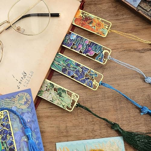 4 Pieces Metal Bookmarks with Tassel, Golden Hollow Bookmark Oil Painting Theme Book Mark Bookmarks for Book Lovers Writers Readers Children Teens Men Women Adults thumbnail 6