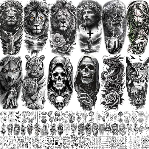 75 Sheets Skull Temporary Tattoos For Men Adults Forearm, Halloween Zeus God Lion Poseidon Half Arm Sleeve Tattoo For Women Jesus Christ Skeleton Dragon Owl, Realistic Fake Tattoo Stickers Wolf Tiger - Image 1