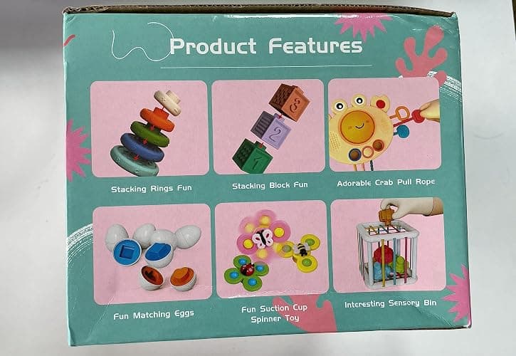 Baby Toys for 6 to 12 Months, Montessori Sensory Bins Toys for Toddlers 1-3, Pull String Teether Infants Bath Toys 6 in 1 Stacking Blocks Rings, Matching Eggs, Suction Cup Spinner Toy thumbnail 10