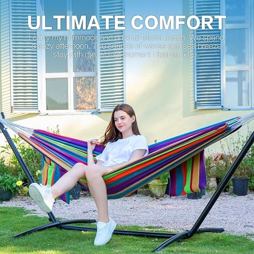 PNAEUT Double Hammocks with Stand for Outside, Portable Space Saving Heavy-Duty Steel Stand for Indoor Outdoor Patio, 450 lbs Capacity (Tropical) thumbnail 2